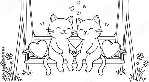 Cute cats in love sitting on a swing with hearts Vector