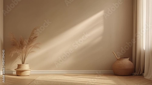 Minimalist interior with pampas grass vase and pottery on wooden floor