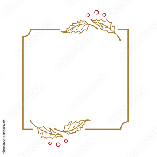 Simple square frame with holly. Christmas elegant border.