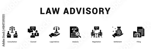 Law Advisory Modern and clean web banner illustration featuring thematic icons for visual communication