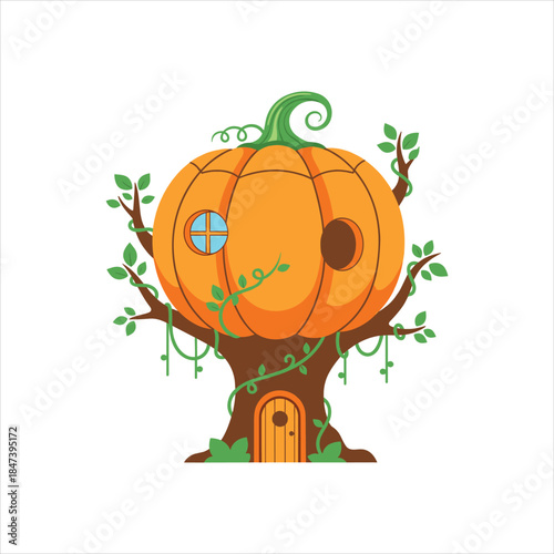Whimsical pumpkin house isolated on white background, Vector, illustration