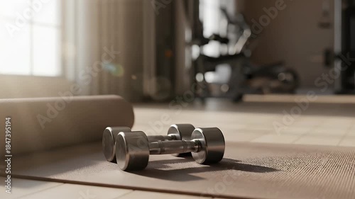 A tranquil and motivating home workout scene featuring a rolled yoga mat and a pair of dumbbells on a light wooden floor. Soft, natural light streams through a distant window, creating a warm, invitin