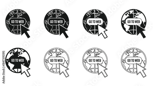 Black and white icons depicting a globe with a cursor pointing to it
