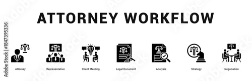 Attorney Workflow Modern and clean web banner illustration featuring thematic icons for visual communication