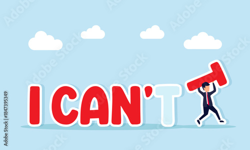 Businessman carrying letter T from word cannot illustrating optimism in completing business project