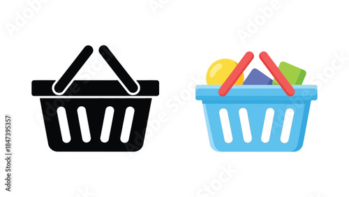 Two shopping baskets are shown one black and white one colorful with fruit