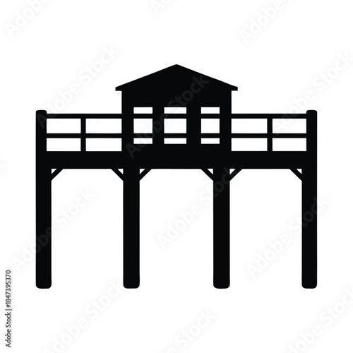Silhouette of a pier with a small shelter on a white background