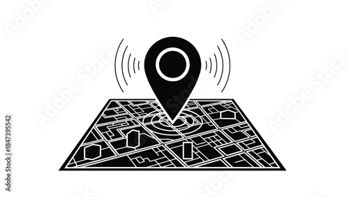 Location pin icon over a map with radiating signal waves displayed