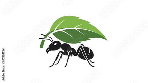 An ant carrying a green leaf on its back symbolizing hard work and nature.
