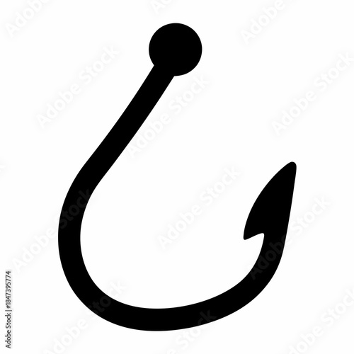 Black Fishing Hook Design on White Background Symbol of Angling