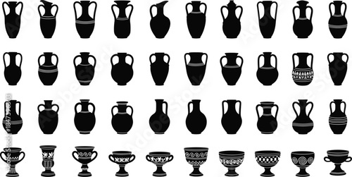 Black Silhouette Ancient Greek and Roman Pottery Vases, Amphoras, and Cups Vector Icon Set for Archaeology and History Design.