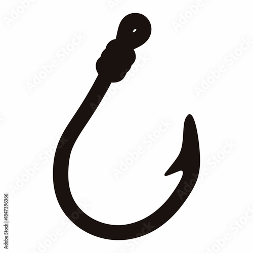 Simple black silhouette of a fish hook for fishing, recreation, and survival