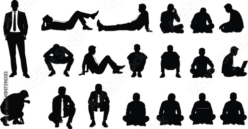 Black Silhouette Vector Set of Businessmen Relaxing, Sitting, and Crouching on the Floor for Office, Leisure, and Casual Human Poses Isolated on White