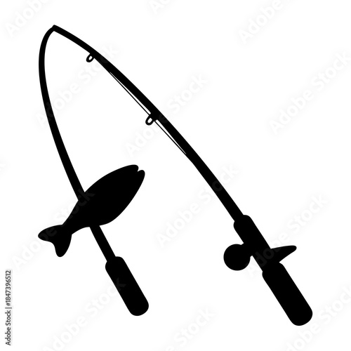 Black silhouette illustration of a fishing rod bending with a fish caught