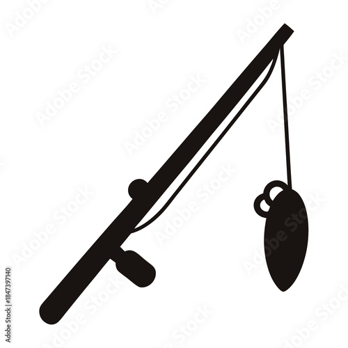 Silhouette of a fishing rod with a lure hanging from the line