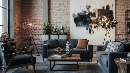 An elegant and inviting modern living room showcases a sophisticated urban industrial design, emphasizing comfort and style. The spacious interior features a prominent exposed brick wall, a large abst