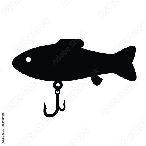 Silhouette illustration of a fishing lure with a treble hook attached below