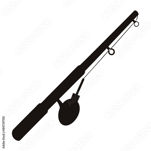 Silhouette illustration of a fishing rod and reel, equipment for fishing