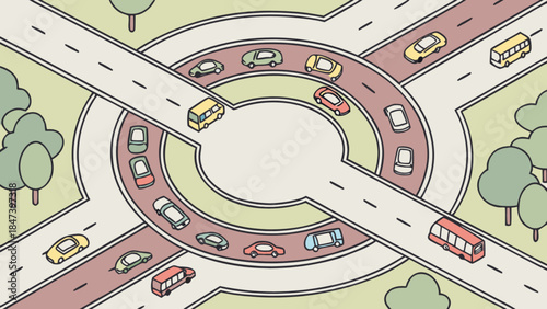 Roundabout traffic flow illustration busy intersection with cars and buses in a flat isometric style concept for urban planning and transportation