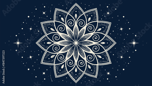 Stunning white mandala on dark blue background with stars