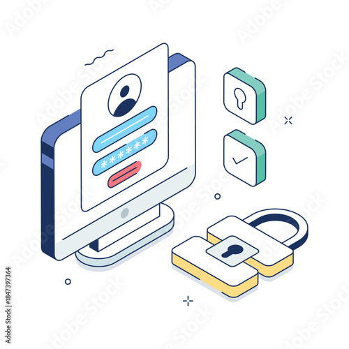 An editable isometric illustration of account login, ready to use vector
