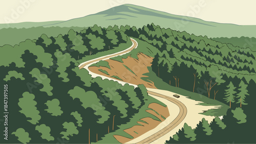 Winding mountain road through a lush green forest leading to a distant peak representing travel and adventure