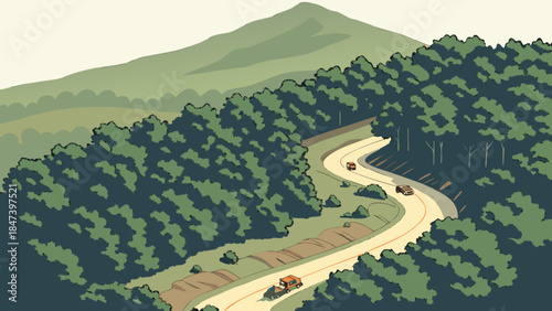 Winding road through a lush green forest with mountains in the background a scenic drive concept for travel and adventure