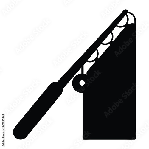Simple black silhouette of a fishing rod mounted on a rectangular object