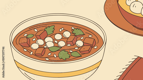 Bowl of hearty pozole soup with hominy and meat traditional Mexican cuisine illustration perfect for food blogs and restaurant menus