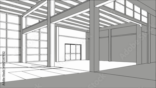 Modern industrial building interior steel frame structure with large windows and open space architectural sketch for construction and development concepts