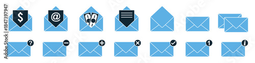 Set of envelope icon vector for email interfaces and postal services. Ideal for symbolizing messages, letters, notifications, and contact forms.