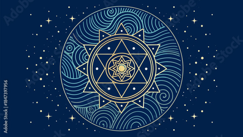 Golden geometric mandala on dark blue starry night sky background