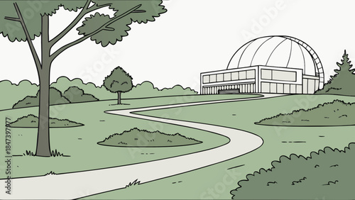 Curving pathway leads to a modern domed building on a grassy hill surrounded by trees and lush foliage simple cartoon illustration for educational or architectural concepts