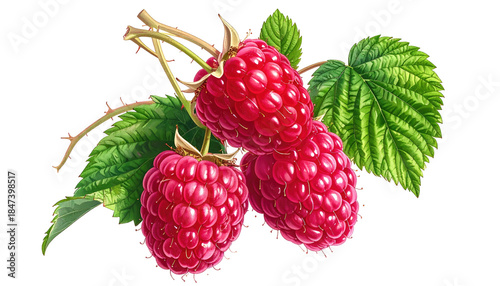 Close-up of ripe red berries, leaves, and thorny stems against black