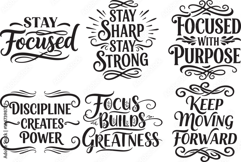 Fototapeta premium Motivational quotes set on focus, strength, discipline, and moving forward designs
