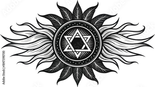 Stunning black and white sun symbol with star design and leaves
