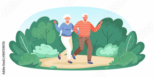 An elderly couple enjoying a healthy walk or jog in a green park