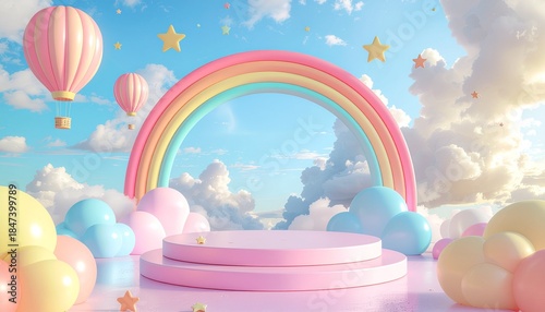 Dreamy 3D illustration of a pastel pink display podium floating on soft clouds, featuring a vibrant rainbow, whimsical hot air balloons, and stars