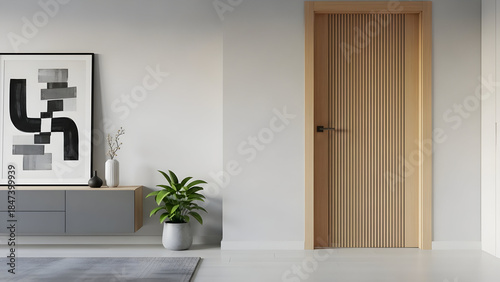 Modern interior with wooden door and abstract artwork