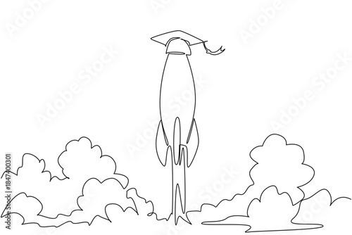 A symbolic continuous line drawing of a rocket wearing a graduation cap blasting upward, illustrating ambition, achievement, and progress for National Higher Education Day in a business concept.