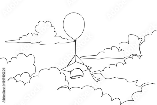 Single line drawing of a graduation cap lifted by a balloon in the clouds, symbolizing National Higher Education Day with a creative concept of learning, aspiration, and academic growth.
