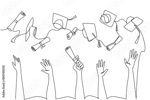 One line drawing of a joyful moment of graduates throwing caps and diplomas into the air, celebrating National Higher Education Day with a concept of success, achievement, and academic unity.