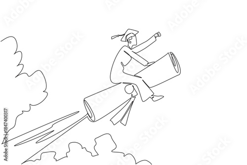 Continuous line draw of a graduate man in cap and gown riding a diploma rocket, celebrating National Higher Education Day with a powerful education concept symbolizing growth and achievement