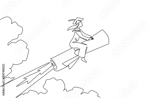 Dynamic single line draw of a woman graduate riding a diploma like a rocket into the sky, representing ambition, achievement, and higher education spirit for National Graduation Day education concept
