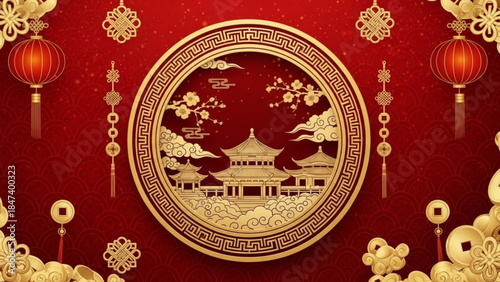Chinese new year greeting card with gold temple and lanterns on red background