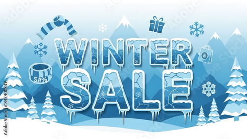 Winter sale sign with snowflakes and trees in a frosty landscape background