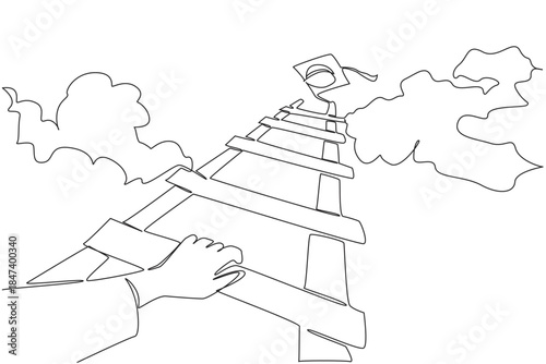 Symbolic single line drawing of a graduate climbing a tall ladder reaching a cap in the sky, representing the pursuit of knowledge, ambition, and success for National Graduation Day education concept