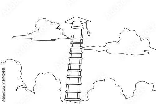 Creative one line drawing showing a graduation cap at the top of a tall ladder reaching clouds, symbolizing ambition, success, and higher education spirit for National Graduation Day education concept