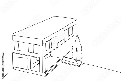 )ne line drawing of a two story modern flat house with a nearby tree captures urban living and rooftop ideas for eco-friendly design, celebrating World Green Roof Day in architecture concept.