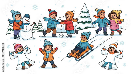 Children playing in snow winter fun kids sledding snowman